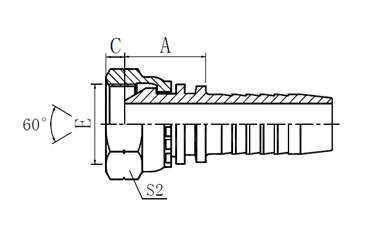      G螺纹内丝60°外锥面接头 （材质：SS304）  型号 螺纹E 软管内径 HOSE BORE 尺寸DIMENSIONS  PART NO THREAD E 公称内径DN 标号DASH A C S1  F0-226S-02-03 G1/8"X28 5 03 15 5.5 14  F0-226S-02-03 G1/8"X28 6 04 15 5.5 14  F0-226S-04-03 G1/4"X19 5 04 17 5.5 19  F0-226S-04-04 G1/4"X19 6 04 18 5.5 19  F0-226S-04-05 G1/4"X19 8 05 18 5.5 19  F0-226S-04-06 G1/4"X19 10 06 18 5.5 19  F0-226S-06-04 G3/8"X19 6 04 19 6.3 22  F0-226S-06-05 G3/8"X19 8 05 19 6.3 22  F0-226S-06-06 G3/8"X19 10 06 19.5 6.3 22  F0-226S-06-08 G3/8"X19 12 08 19.5 6.3 22  F0-226S-08-06 G1/2"X14 10 06 21 7.5 27  F0-226S-08-08 G1/2"X14 12 08 21.5 7.5 27  F0-226S-10-08 G5/8"X14 12 08 22 9.5 30  F0-226S-10-10 G5/8"X14 16 10 23.5 9.5 30  F0-226S-12-08 G3/4"X14 12 08 22 10.9 32  F0-226S-12-10 G3/4"X14 16 10 24 10.9 32  F0-226S-12-12 G3/4"X14 20 12 24 10.9 32  F0-226S-16-12 G1"X11 20 12 24 11.7 40    产品：内丝60°外锥面接头 G螺纹  品牌：RIGFLEX 工业接头 低压接头  简介：RIGFLEX内丝60°外锥面接头，英制直管G螺纹接头，广泛用于、海洋、石油、化工、港口、矿山、汽车、农业、航天工程，工业建设，城市建设等连接领域。